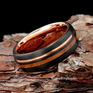 Whiskey Barrel Wood Mens 8mm Brushed Black Tungsten Wedding Ring, Mens Wooden Wedding Band, Whiskey Barrel Ring, Dome, Mens Ring