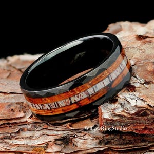 Deer Antler & Charred Whiskey Barrel Wood Hammered Mens 8mm Black Tungsten Wedding Ring, Mens Wooden Wedding Band, Antler Ring