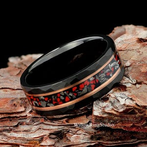 Dinosaur Bones & Meteorite Mens 8mm Hammered Black Tungsten Wedding Ring, Mens Wedding Band, Brushed Tungsten Band, Meteorite Ring