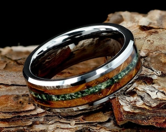 Moss Agate with Charred Whiskey Barrel Wood Mens 8mm Silver Tungsten Wedding Ring, Whiskey Barrel Band, Natural Eco-Friendly Moss Agate Ring