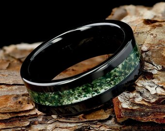 Moss Agate Mens 8mm Black Tungsten Wedding Ring, Natural Eco-Friendly Moss Agate Black Mens Ring, Mens Wedding Band, Moss Agate Ring