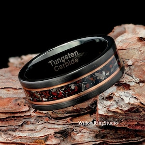 Dinosaur Bones & Meteorite Mens 8mm Black Tungsten Wedding Ring, Black Tungsten Ring, Brushed Tungsten Band, Mens Ring, Wedding Band