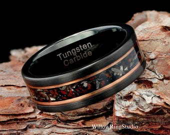 Dinosaur Bones & Meteorite Mens 8mm Black Tungsten Wedding Ring, Black Tungsten Ring, Brushed Tungsten Band, Mens Ring, Wedding Band