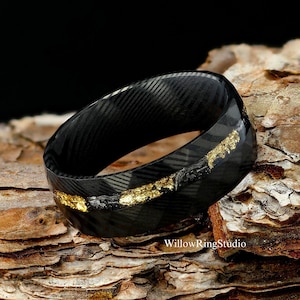 Black Hammered Damascus Steel with Meteorite & Gold Leaf Foil Mens 8mm Wedding Ring, Black Hammered Band, Damascus Steel Men Engagement Ring