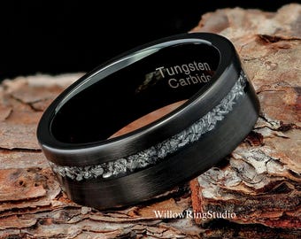 Meteorite Mens 8mm Brushed Black Tungsten Wedding Ring, Black Meteor Ring, Mens Wedding Band, Brushed Tungsten Ring, Mens Band, Black Ring