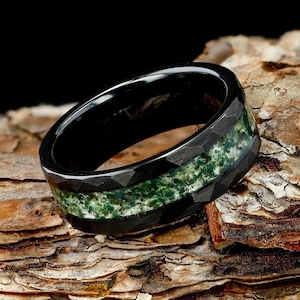Moss Agate Mens 8mm Hammered Black Tungsten Wedding Ring, Natural Eco-Friendly Moss Agate Black Mens Ring, Mens Wedding Band, Gift For Him
