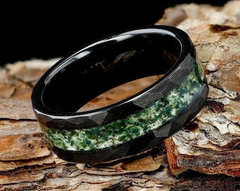 Moss Agate Mens 8mm Hammered Black Tungsten Wedding Ring, Natural Eco-Friendly Moss Agate Black Mens Ring, Mens Wedding Band, Gift For Him