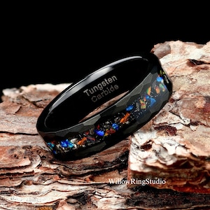 Meteorite & Galaxy Opal Mens 6mm Hammered Black Tungsten Wedding Ring, Mens Wedding Ring, Womens Wedding Band, Opal Ring, Flat Matte Brushed
