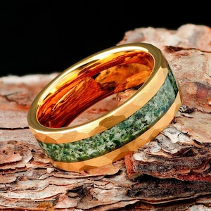 Moss Agate Mens 8mm Yellow Gold Hammered Tungsten Wedding Ring, Mens Wedding Band, Green Moss Agate Ring, Promise Ring Gift For Him