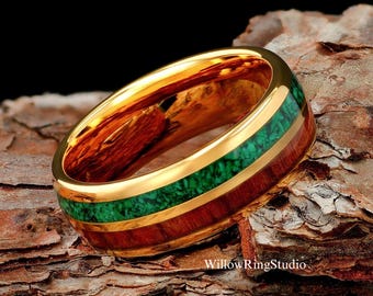 Malachite with Hawaiian Koa Wood Mens 8mm Tungsten Wedding Ring, Hawaiian Koa Wood Band, Mens Wedding Band, Wooden Ring, Unique Wedding Band