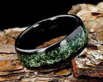 Moss Agate Mens Black 8mm Tungsten Wedding Ring, Natural Eco-Friendly Moss Agate Black Mens Ring, Mens Wedding Band, Moss Agate Ring