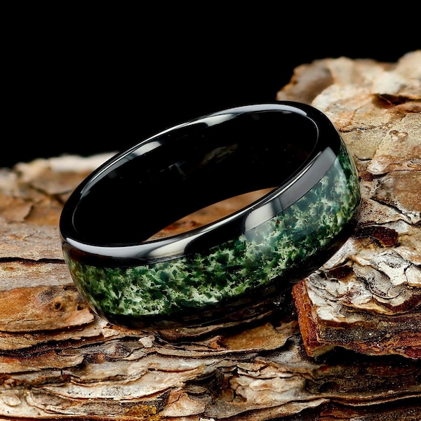 Anillo de bodas de tungsteno negro de 8 mm para hombre, con ágata musgosa, natural y ecológico, para hombre.