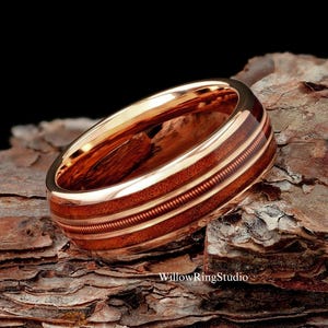 Guitar String with Hawaiian Koa Wood Mens 8mm Tungsten Wedding Ring, Guitar String Ring, Guitarist Ring, Guitar String Inlay, Musician Ring