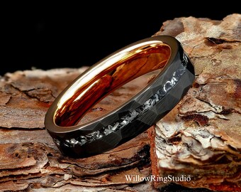 Women's Meteorite Black / Rose Gold Hammered 5mm Tungsten Wedding Band, Womens Tungsten Ring, Meteor Black Faceted Ring, Gift For Her