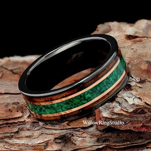 Malachite with Hawaiian Koa Wood Mens 8mm Tungsten Wedding Ring, Hawaiian Koa Band, Unique Wedding Band, Men&#39;s Wooden Ring, Malachite Ring