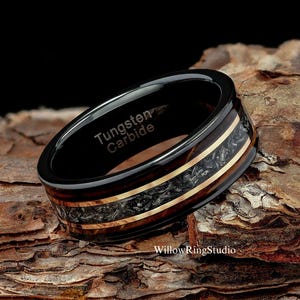 Meteorite with Charred Whiskey Barrel Wood Mens 8mm Tungsten Wedding Ring, Whiskey Barrel Band, Meteorite Black Tungsten Mens Wedding Band