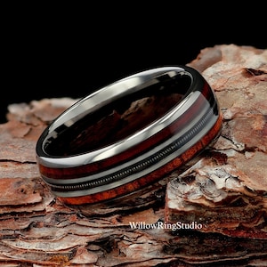 Guitar String with Hawaiian Koa Wood Mens 8mm Tungsten Wedding Ring, Guitarist Ring, Musician Ring, Guitar String Ring