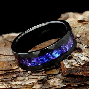 Mens Wedding Ring Sandstone Nebula, Black Hammered Tungsten Ring, Galaxy Nebula Ring, Outer Space Ring, Mens Wedding Band, 8mm Comfort Fit