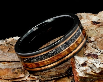 Meteorite with Hawaiian Koa Wood Mens 8mm Black Tungsten Wedding Ring, Mens Wedding Band, Black Mens Ring Wooden, Promise Ring Gift For Him