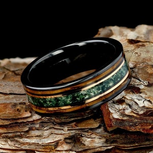 Moss Agate with Charred Whiskey Barrel Wood Mens 8mm Black Tungsten Wedding Ring, Whiskey Barrel Band, Natural Eco-Friendly Moss Agate Ring