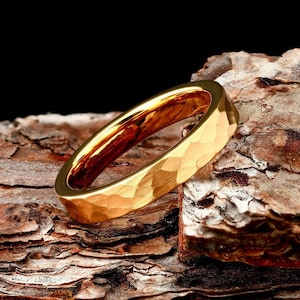 Hammered Womens 4mm Gold Tungsten Wedding Ring, Hammered Gold Tungsten Ring, Womens Wedding Band Gold, Womens Engagement Ring