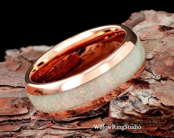 White Fire Opal Mens 8mm Rose Gold Tungsten Wedding Ring, Mens Wedding Band, Opal Ring, Ring For Men, Mens Wedding Ring, Gift For Him