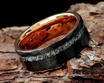 Meteorite Mens 8mm Hammered Tungsten Wedding Ring, Black & Rose Gold Hammered Tungsten, Mens Wedding Band, Meteorite Ring, Black Mens Ring
