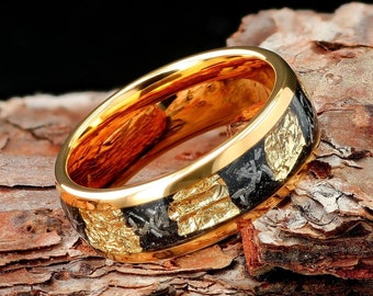 Meteorite & Gold Leaf Foil Mens 8mm Tungsten Wedding Ring, Gold Leaf Meteorite Ring, Mens Wedding Rings, Mens Wedding Rings Gold Accent