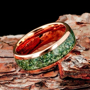 Moss Agate Mens 8mm Rose Gold Tungsten Wedding Ring, Natural Eco-Friendly Moss Agate Rose Gold Mens Ring, Mens Wedding Band, Gift For Him