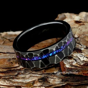 Sandstone Nebula Mens 8mm Black Tungsten Wedding Ring, Outer Space Ring, Distressed Hammered Design Mens Wedding Band, Men Ring, Nebula Ring