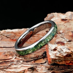 Moss Agate Womens 4mm Silver Polish Tungsten Wedding Ring, Eco-Friendly Moss Agate Women Wedding Band, Promise Ring Gift For Her