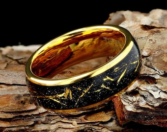 Meteorite with Gold Leaf Mens 8mm Tungsten Wedding Ring, Meteorite Foil Leaf Tungsten Mens Wedding Band, Mens Wedding Rings Gold Accent 8mm