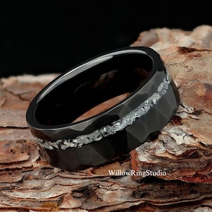 Meteorite Mens 8mm Hammered Tungsten Wedding Ring, Hammered Brushed Tungsten Band, Black Meteor Ring, Mens Wedding Ring, Meteorite Ring