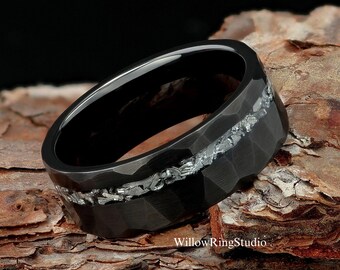 Meteorite Mens 8mm Hammered Tungsten Wedding Ring, Hammered Brushed Tungsten Band, Black Meteor Ring, Mens Wedding Ring, Meteorite Ring