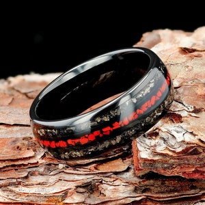 Crushed Dinosaur Bone and Crushed Meteorite Mens 8mm Black Tungsten Wedding Ring, Mens Wedding Band, Black Ring, Promise Ring Gift For Him