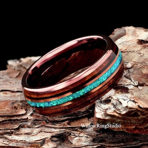 Crushed Opal & Hawaiian Koa Wood Mens 8mm Coffee Tungsten Wedding Ring, Opal Ring, Wood Wedding Band, Opal Wood Ring, Mens Wedding Ring