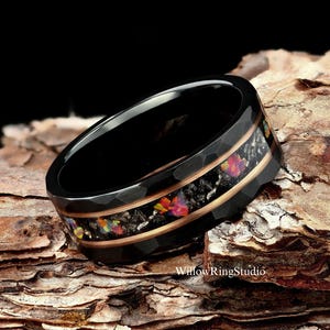 Meteorite & Galaxy Opal Mens 8mm Hammered Black Tungsten Wedding Ring, Mens Wedding Band, Opal Ring, Ring For Men, Mens Wedding Ring
