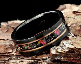 Meteorite & Galaxy Opal Mens 8mm Hammered Black Tungsten Wedding Ring, Mens Wedding Band, Opal Ring, Ring For Men, Mens Wedding Ring