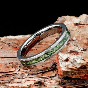 Moss Agate Women 4mm Silver Hammered Tungsten Wedding Ring, Eco-Friendly Moss Agate Silver Ring, Women Wedding Band Anniversary Promise Ring