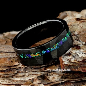 Crushed Galaxy Opal Mens 8mm Black Hammered Tungsten Wedding Ring, Mens Wedding Band, Opal Ring, Ring For Men, Mens Wedding Ring