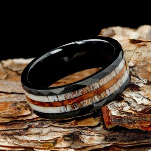 Deer Antler & Charred Whiskey Barrel Wood Black Hammered Mens 8mm Tungsten Wedding Ring, Unique Wedding Ring, Antler Ring, Gift For Him