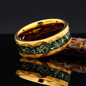 Yellow Gold Hammered Tungsten Ring, Green Moss Agate, Mens Wedding Ring, Mens Wedding Band, Agate Ring, Promise Ring, Comfort Fit 8mm