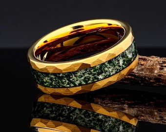 Yellow Gold Hammered Tungsten Ring, Green Moss Agate, Mens Wedding Ring, Mens Wedding Band, Agate Ring, Promise Ring, Comfort Fit 8mm