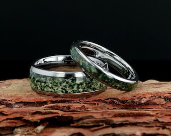 Moss Agate Ring, Silver Tungsten Wedding Ring, Green Moss Agate, 8mm, 6mm & 4mm Comfort Fit Couples Wedding Band, Couples Matching Rings