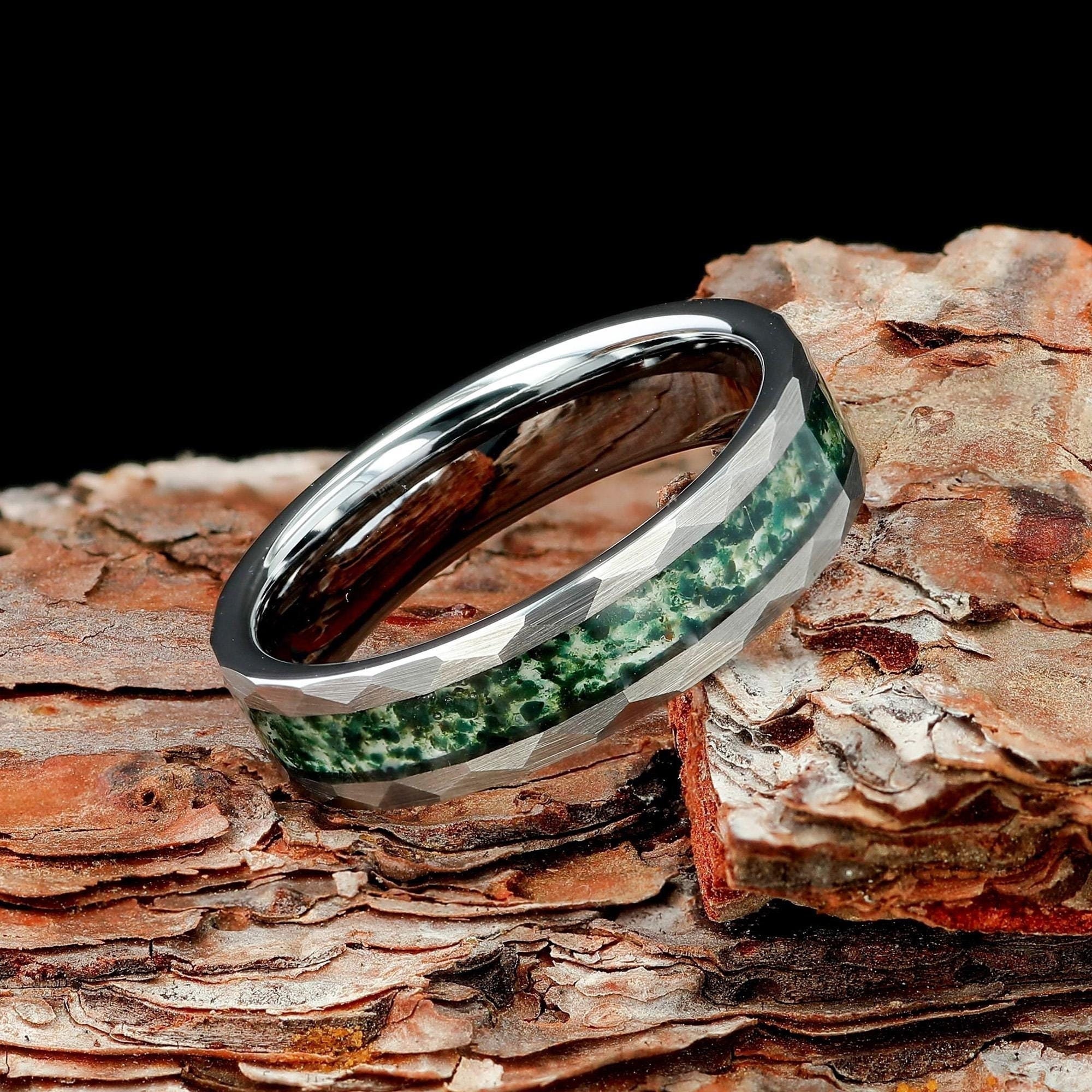 Moss Agate Mens 6mm Hammered Silver Tungsten Wedding Ring, Natural Eco Moss Agate Mens 6mm Hammered Silver Tungsten Wedding Ring, Natural Eco