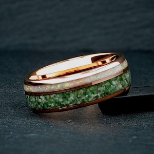 Moss Agate & White Fire Opal Ring, 8mm Rose Gold Tungsten Mens Wedding Ring, Mens Wedding Band, Natural Eco-Friendly Moss Agate, Groom Gift