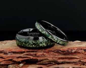 Moss Agate Ring, Black Tungsten Wedding Ring, Green Moss Agate, 8mm, 6mm & 4mm Comfort Fit Couples Wedding Band, Couples Matching Rings