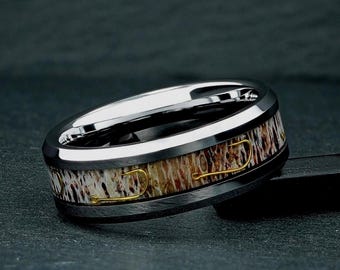 Deer Antler & Fishing Hooks Ring, 8mm Silver Tungsten Mens Wedding Ring, Mens Wedding Band, Unique Groom Gift, Antler Ring, Outdoorsmen Ring