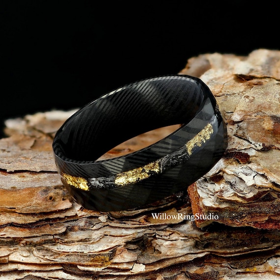Black Hammered Damascus Steel With Meteorite Gold Leaf Foil Mens