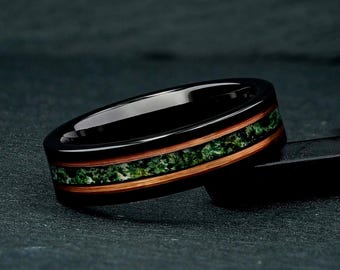 Moss Agate & Rose Gold Strips Ring, 6mm Black Tungsten Mens Wedding Ring, Mens Wedding Band, Natural Eco-Friendly Moss Agate, Gift for Him